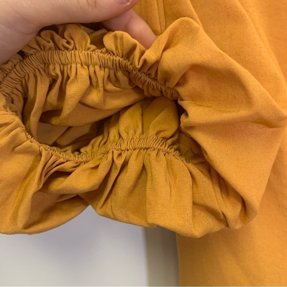 Line and Dot Mustard Balloon Sleeve Asymmetrical Ruffle Mini Dress size Small - Picture 6 of 8